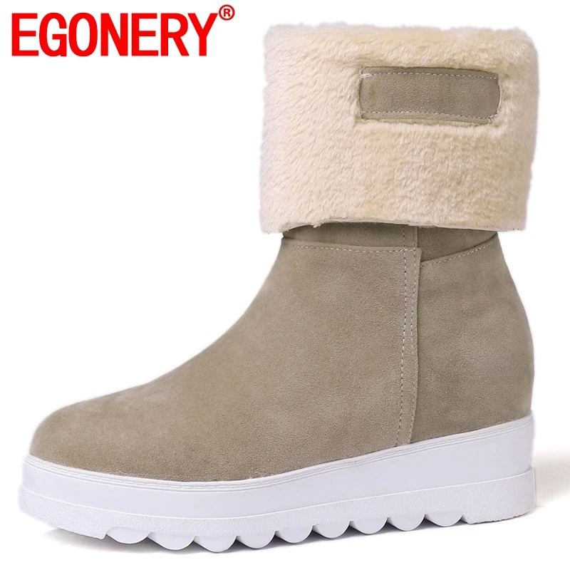 

EGONERY women shoes 2019 winter new concise casual boots plush warm high wedges platform slip-on round toe flock ankle boots