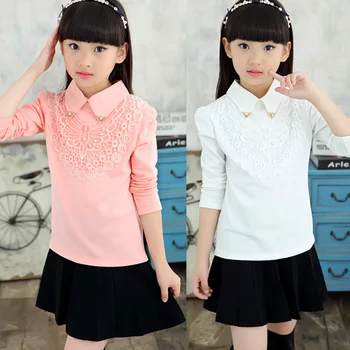

School Girls Blouse Shirts New 2018 Spring Fashion Kids Solid Turn-Down Lace Flower Blouses High Quality Children Cotton Clothes