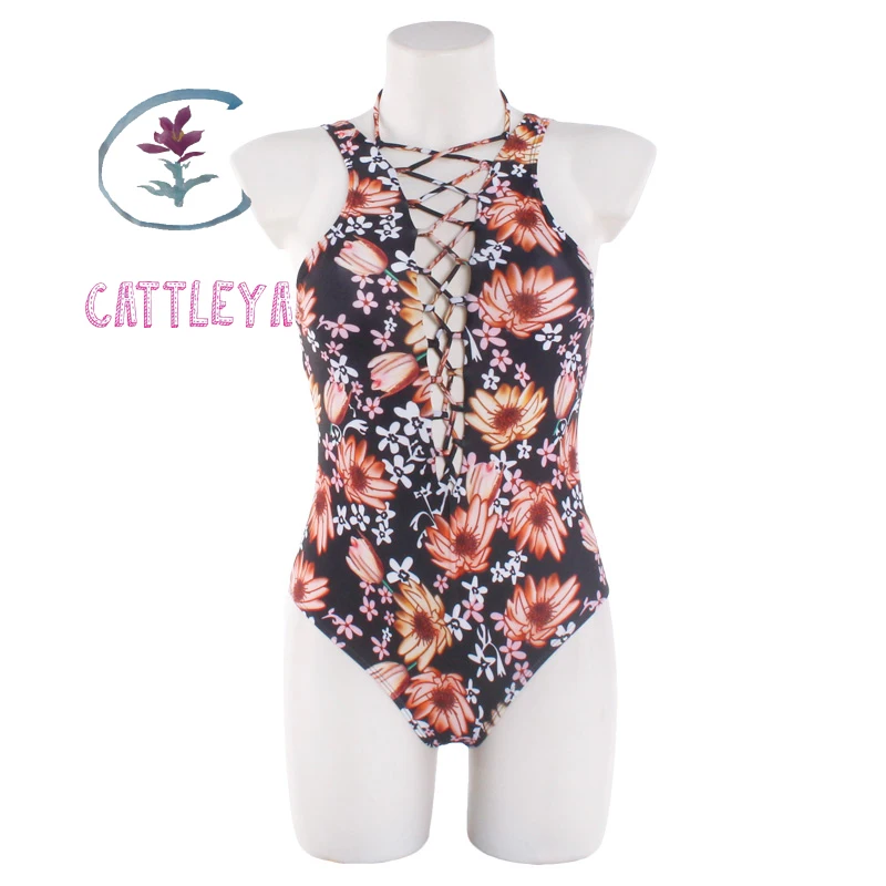 

CATTLEYA Brand 2017 Floral Print One Piece Swimsuit Swimwear Women Sexy Monokini Deep V Swim Suit Maillot De Bain Femme CQ 17001