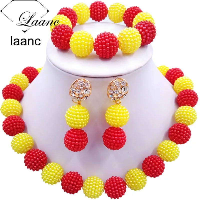 

Laanc Latest Red Yellow Simulated Pearl Nigerian Beads Necklaces African Jewelry Set for Wedding AL666