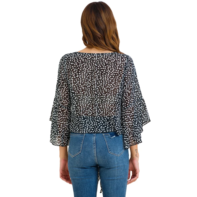 CINESSD Women Print Chiffon Blouse O Neck Long Ruffles Sleeves Loose Casual Tops Pullover Tee Shirts Tunic Bowknot Tie Blouses