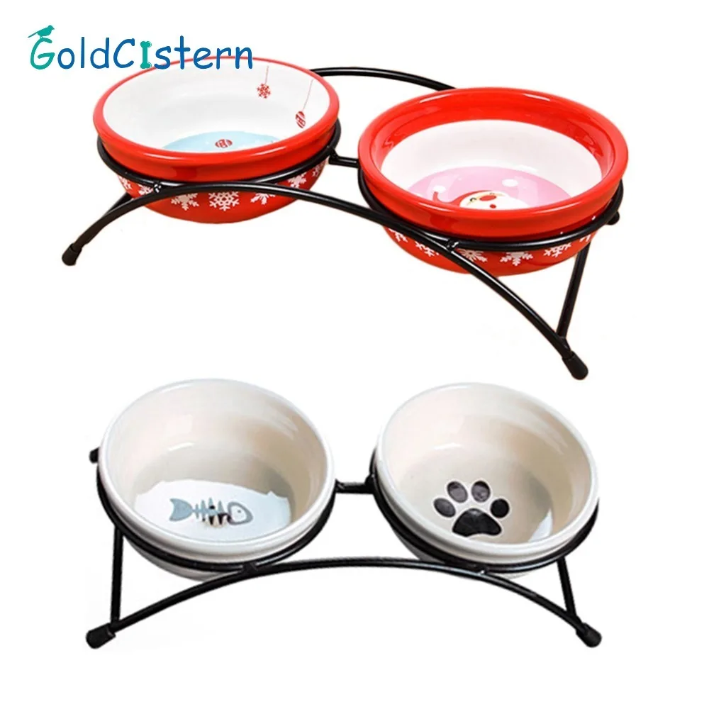 Goedkoop Dubbele Keramiek Hond Kat Puppy Pet Kom Vis Poot Santa Print Voedsel Schotel Non Slip Voedsel Water Twee euml;rlei gebruik voeden Schotel Dierbenodigdheden