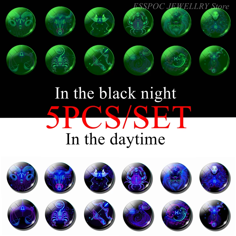 5PCS/SET Luminous Zodiac Sign 25mm Glass Cabochon Handmade 12 Constellation Jewelry Findings Glowing Diy Making Pendant | Украшения и
