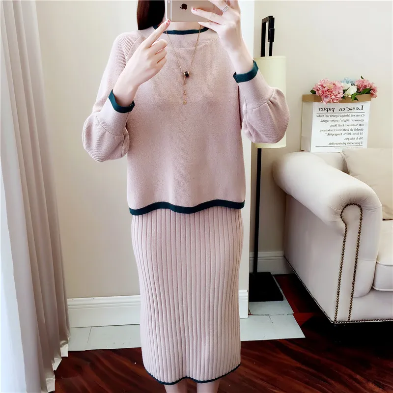 

2019 Two Piece Set Women Sweater Suits Female Cashmere Pullover Striped Flat Knitted