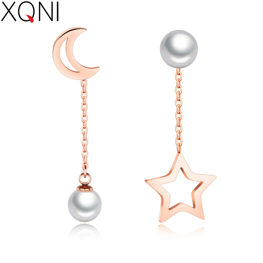 

XQNI Personality Pentagram Asymmetry Temperament Pearl Fashion Long Drop Earring Anti-allergy Birthday Gift For Women