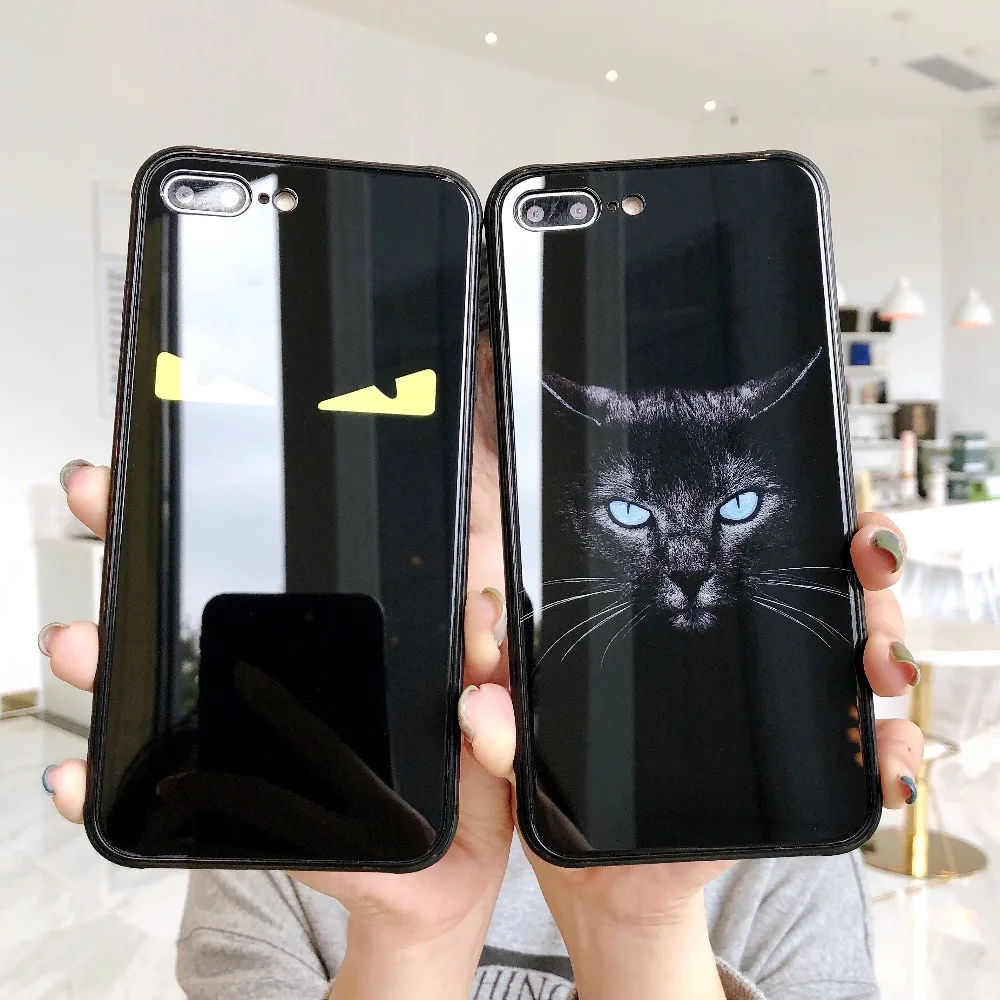 

Luminous Tempered Glass Cute Animal Black Cat Demons Eye Phone Case for iPhone XS Max XR X 6 6s 7 8 Plus Back Cover Fundas Shell