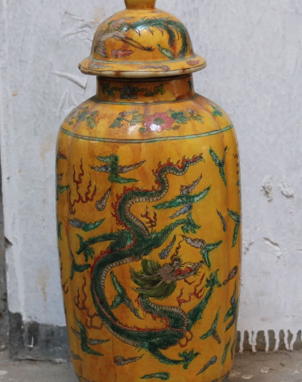 

19" Old Dynasty Wucai Porcelain Dragon Dragons Phoenix Bird Jug Pot Jar Crock