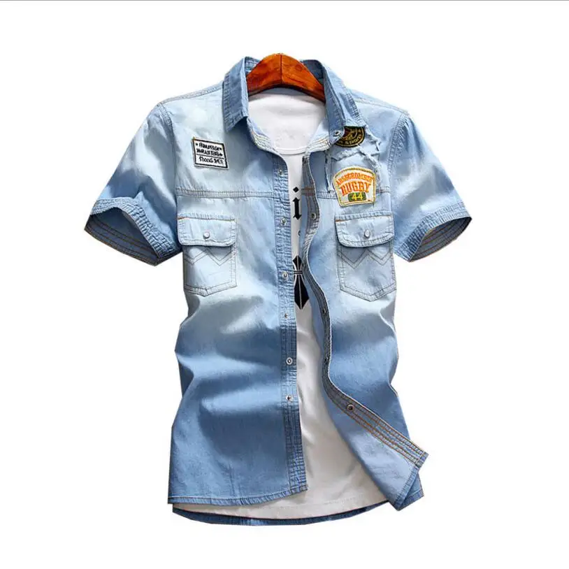 

Men's Light Blue Thin Denim Shirts Short-sleeves Casual Denim Shirts New Fashion Summer Men's Cotton Denim Shirts Size 3XL