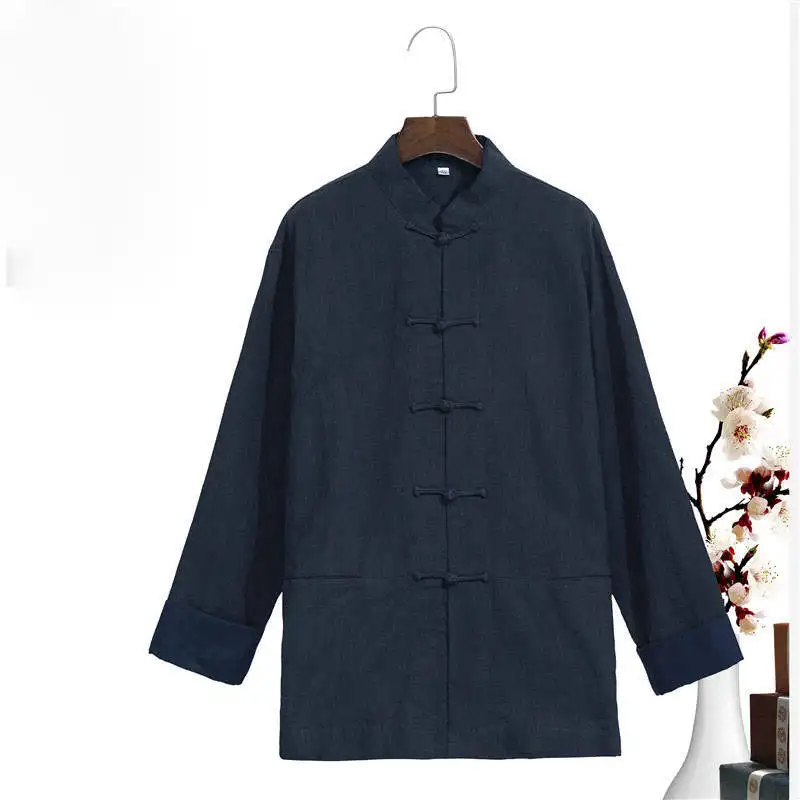 Navy Blue B Мужские хлопковые льняные рубашки кунг-фу с длинным рукавом, китайский винтажный стиль, Tai Chi, топ с воротником-стойкой, повседневная одежда, размер M-4XL - Цвет: Navy Blue B