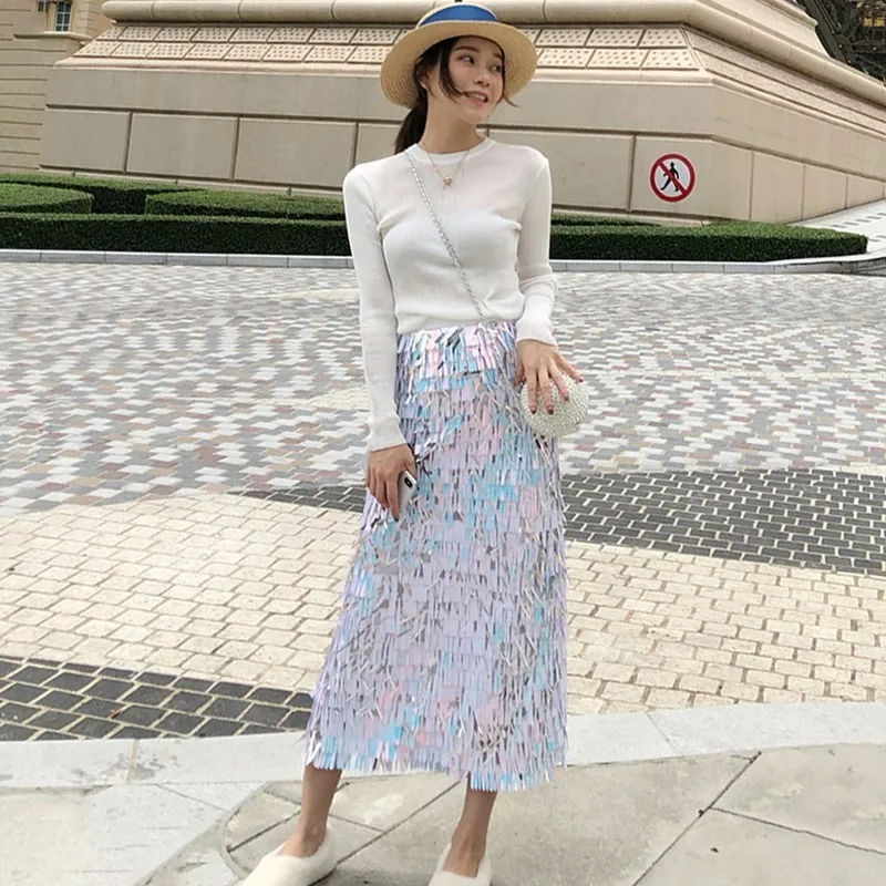 TWOTWINSTYLE осенние юбки с пайетками для женщин эластичные с высокой талией с кисточками облегающие длинные юбки Женская корейская модная одежда - Цвет: White Skirts