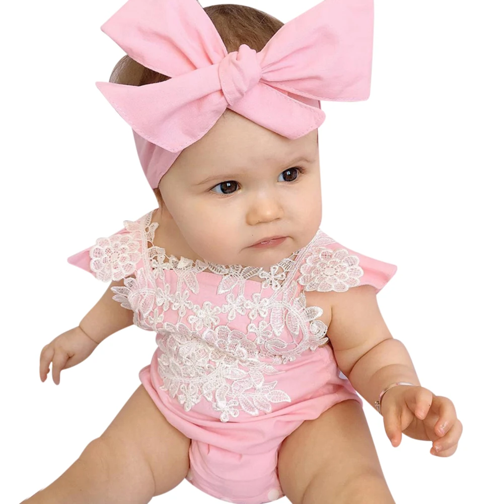 Fashion Baby Girls Summer Clothes Lace Flower Decoration Pink Romper