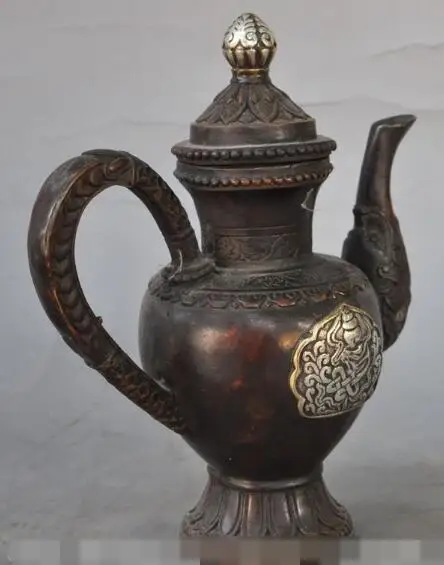 

S2767 7" mark chinese bronze animal dragon head statue Wine Tea Pot Flagon Wine vessel