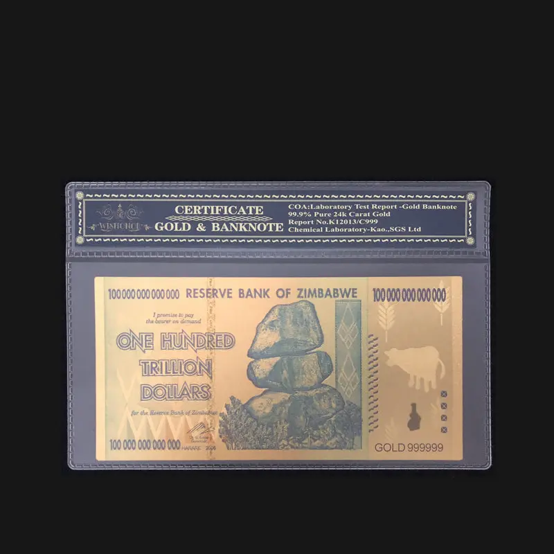 

New Product For Zimbabwe Banknotes One Hundred Trillon Dollars Banknote in 24K Gold With Frame For Collection And Gift