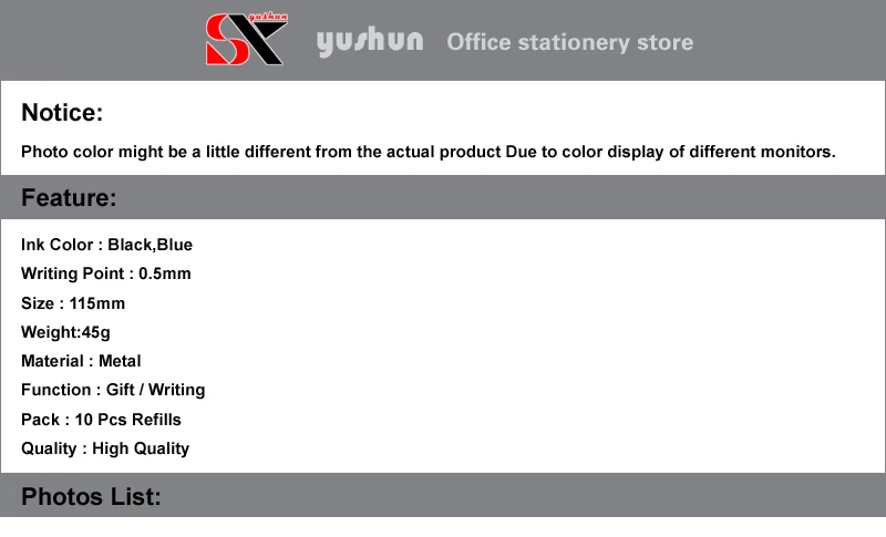 Yushun 10 шт перьевые заправки, роликовые шариковые ручки, заправка чернил 0,5 мм для канцелярских принадлежностей