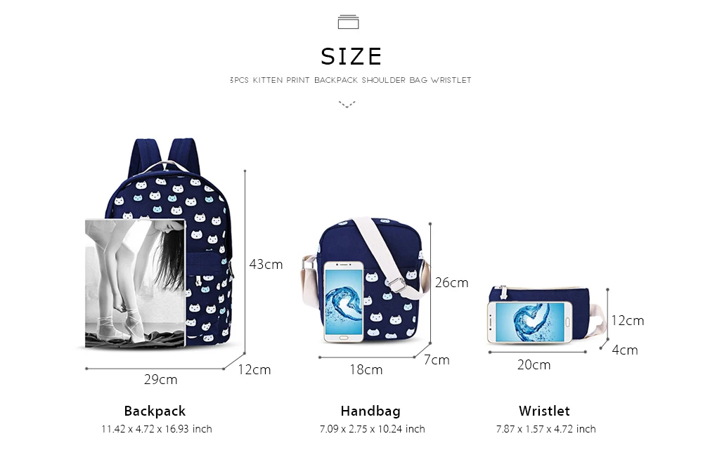 Guapabien 3pcs Preppy Style Kitten Print Zipper Backpack Shoulder Bag Wristlet