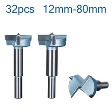 32pcs12mm-80mm Forstner Drill Bits Tips Set Woodworking Tools Hole Saw Cutter Hinge Boring Round Shank Tungsten Carbide Cutte