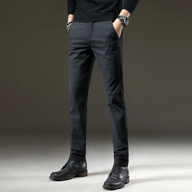 Брендовые мужские Зимние флисовые утепленные повседневные штаны, мужские деловые прямые эластичные плотные клетчатые хлопковые серые брюки для мужчин - Цвет: black