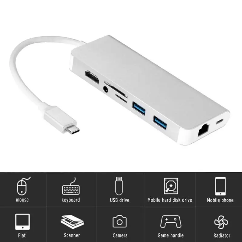 8 в 1 Тип C концентратор Тип с разъемами типа C и HDMI VGA RJ45 звуковая карта TF USB3.0 PD адаптер