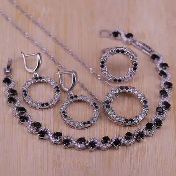 

Top Quality Silver Color Wedding Jewelry Sets Romantic for Women Round Pendants Necklaces Earrings Rings Bracelets For Party