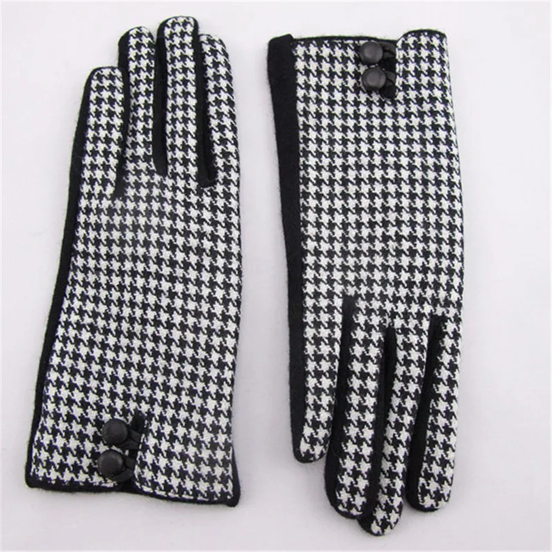 Gloves Houndstooth Super Premium European Edition Black Leather Buckle Wool Rabbit Fur Blend Elegant Retro Women Short TB106