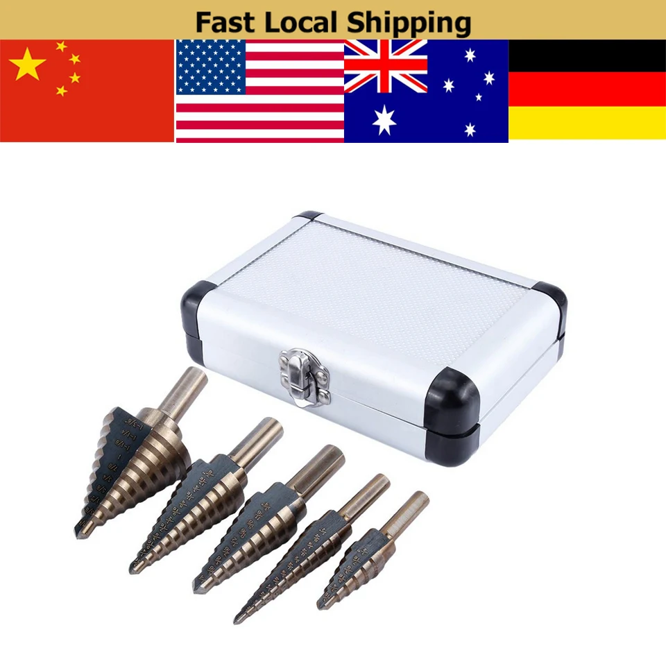 

5pcs/Lot Step Drill Bit Set HSS Cobalt Multiple Hole Step Titanium Cone Drill Bit Tool Set Hole Cutter Spiral Drill Bits w/ Case