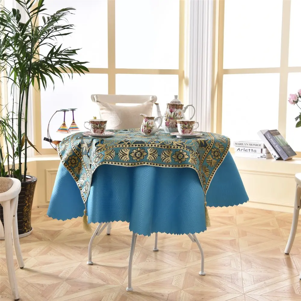 Latest 2 pcs/set Round 140cm Bright Blue Sky Dinner Linens Luxurious Sequin Side Tablecloth Poker Desk Decor Accessories