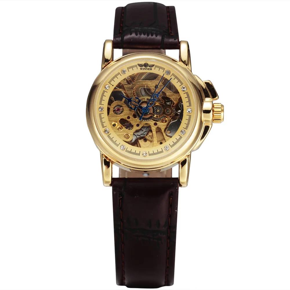 WINNER Brand Luxury Gold Steel Case Watch Women Brown Leather Band