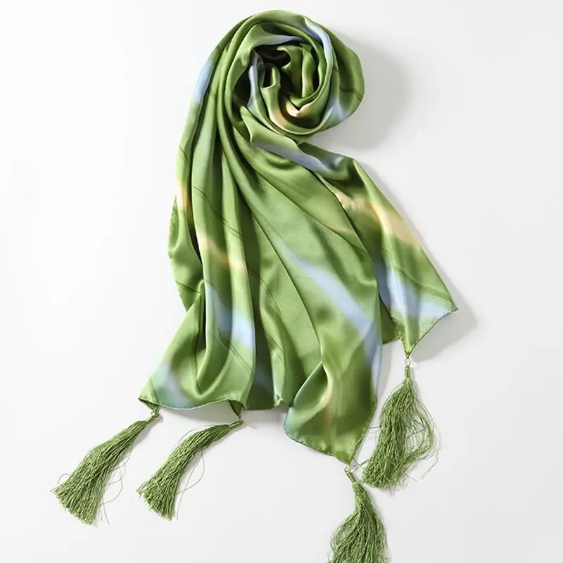July NEW Top Grade Long Silk Scarf Women Bandana Hijab 100% Satin Silk Scarves & Wraps Shawl w Tassels Laies Luxury Silk Scarf