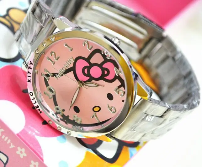 HelloKitty часы Женское платье часы рисунок «Hello Kitty» мультфильм часы Нержавеющая сталь часы Для женщин со стразами часы Дети reloj mujer