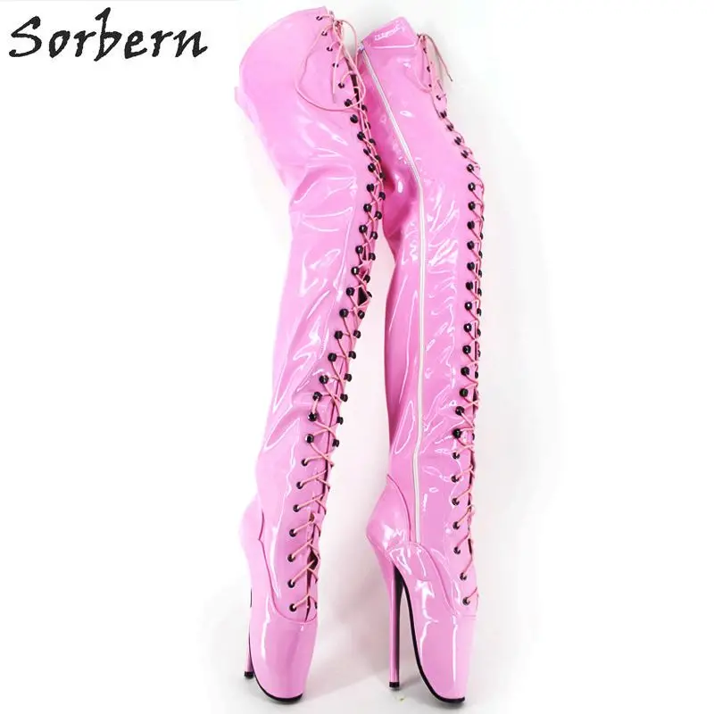 Sorbern Fetish Ballet Heels Women Boots Plus Size Lace Up High Thin ...