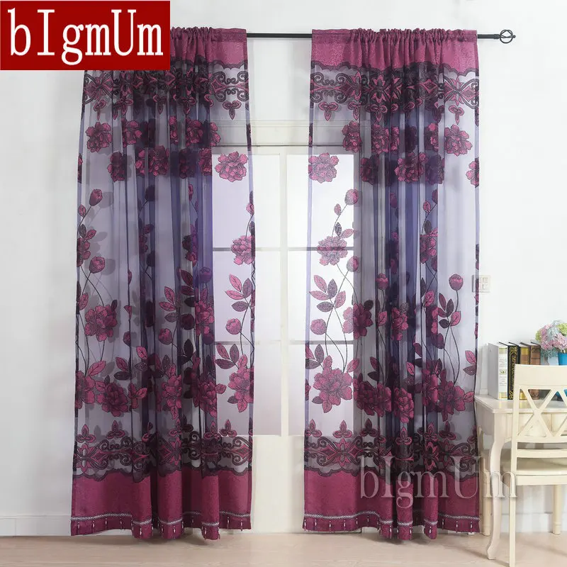 

New Arrival Fashion window custom made embroidered / violet tulle beads curtain for the bedroom design sheer voile curtain