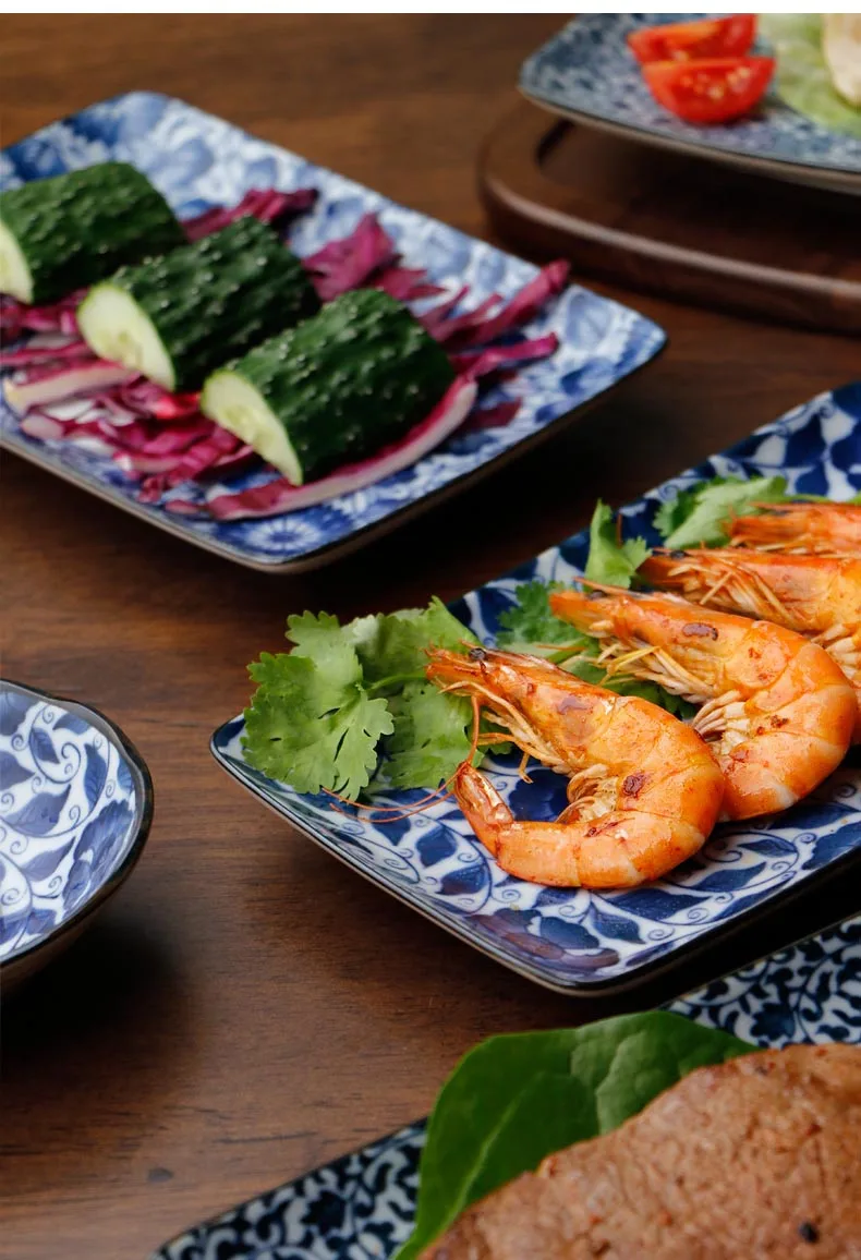 8 дюймов японский Винтаж Синий и белый фарфор обеденные тарелки домашняя посуда прямоугольный керамический поднос фрукты суши Закуски Блюдо