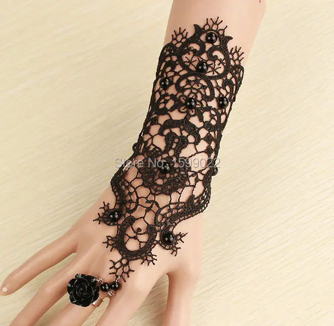 769 15 De Réduction2 Pcslot Mode Vintage Noir Dentelle Tatouage Doigt Poignet Bracelet Gants Costume Robe Accessoires Pour Femmes Main Gothique