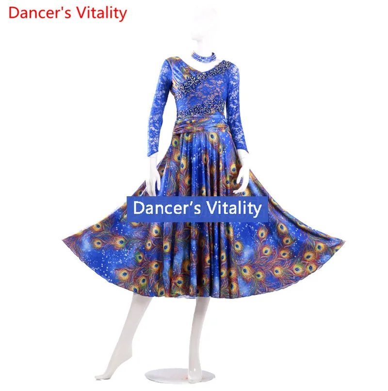 Custom Made Ballroom Dance Dresses Lady's Blue long sleeve Stage Waltz