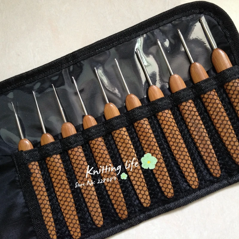 

10 Pcs/set 0.5-2.75mm high quality Bamboo crochet hooks set with crochet bag , knitting needles, Knitting Tools