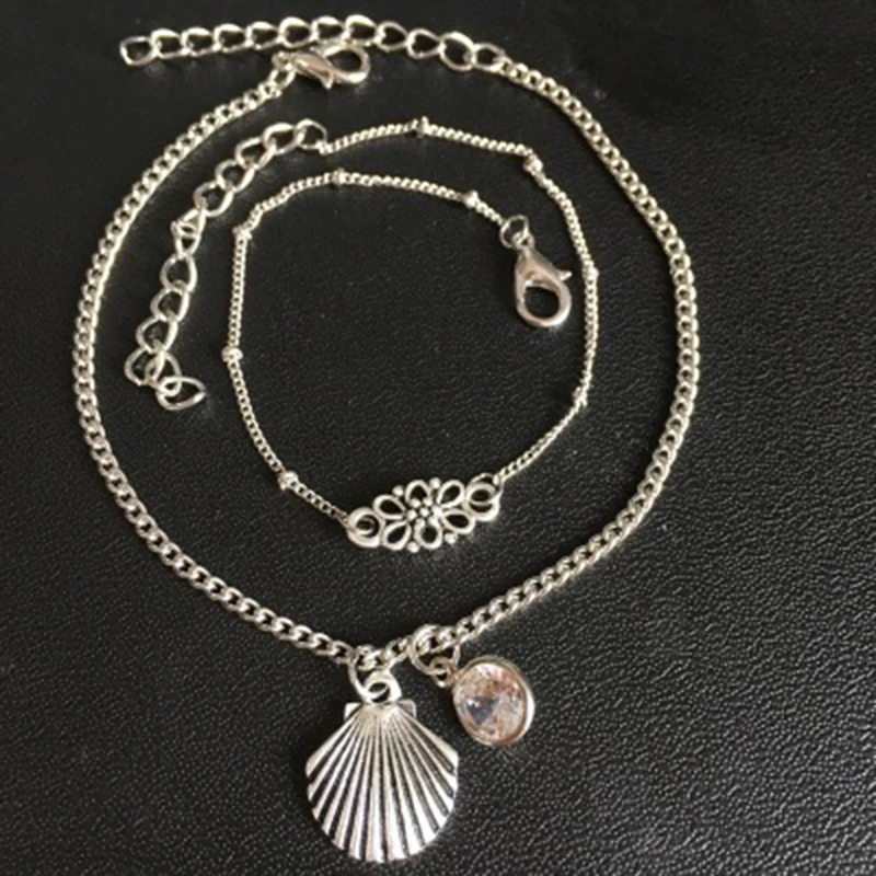 Qevila Fashion Bohemian Footwear Punk Style Silver color Chains Ankle Vintage Shell flower Zircon Multi-lay Bracelet Leg Jewelry (4)