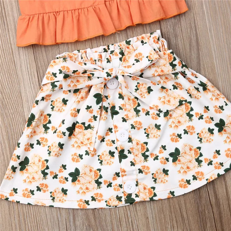 Новое поступление, летний комплект из 2 предметов, одежда для маленьких девочек однотонная оранжевая жилетка без рукавов на пуговицах топы, юбка с цветочным принтом на шнуровке 1-6Y