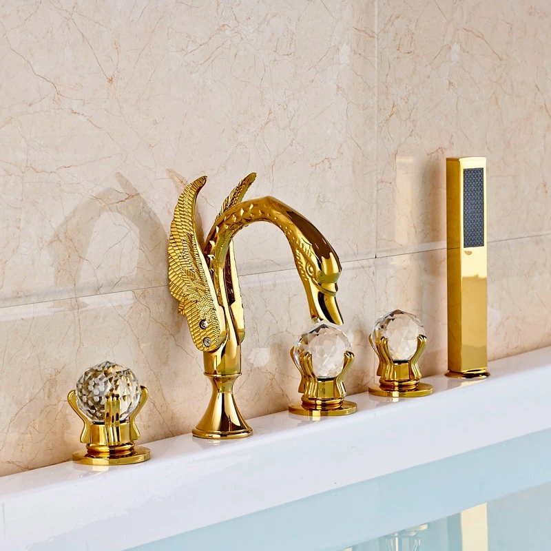 Contemporary 3 Crystal Handles Bathroom Waterfall Spout Gold Finish