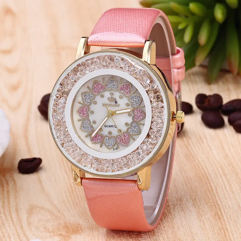 Женские часы с бриллиантами, кристаллами, шариками, сердцем, большим циферблатом, из искусственной кожи, на ремешке, наручные часы, аналоговые кварцевые часы, подарок LL@ 17 - Цвет: Розовый