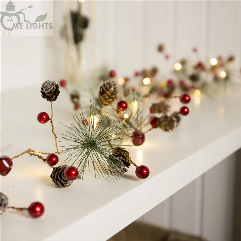 Красная ягода Рождественская гирлянда светодиодный медный Сказочный свет Pinecone гирлянды для рождественской праздничной елки и украшения дома