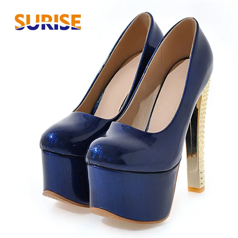 

Size 48 Elegant Party Bridal Women Platform Pumps 16cm Chunky Spike High Heel Glitter Patent Leather Round Toe Office Lady Pumps