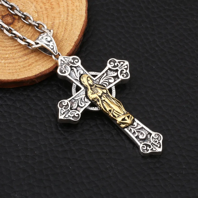 MetJakt Cross Pendant with Ruby & Virgin Mary Pendant Solid 925 Sterling Silver Necklace for Unisex Vintage Jewelry MetJakt Cross Pendant with Ruby & Virgin Mary Pendant Solid 925 Sterling Silver Necklace for Unisex Vintage Jewelry