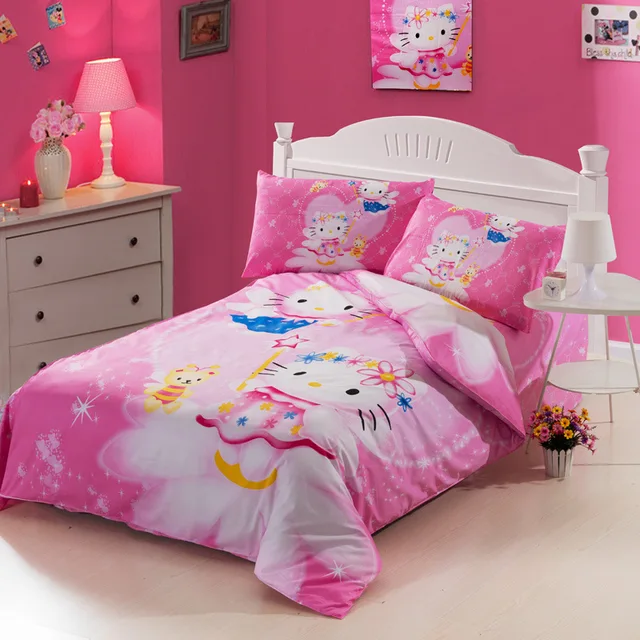 100 Cotton Bedding Set cartoon pink Kitty princess 3pc quilt