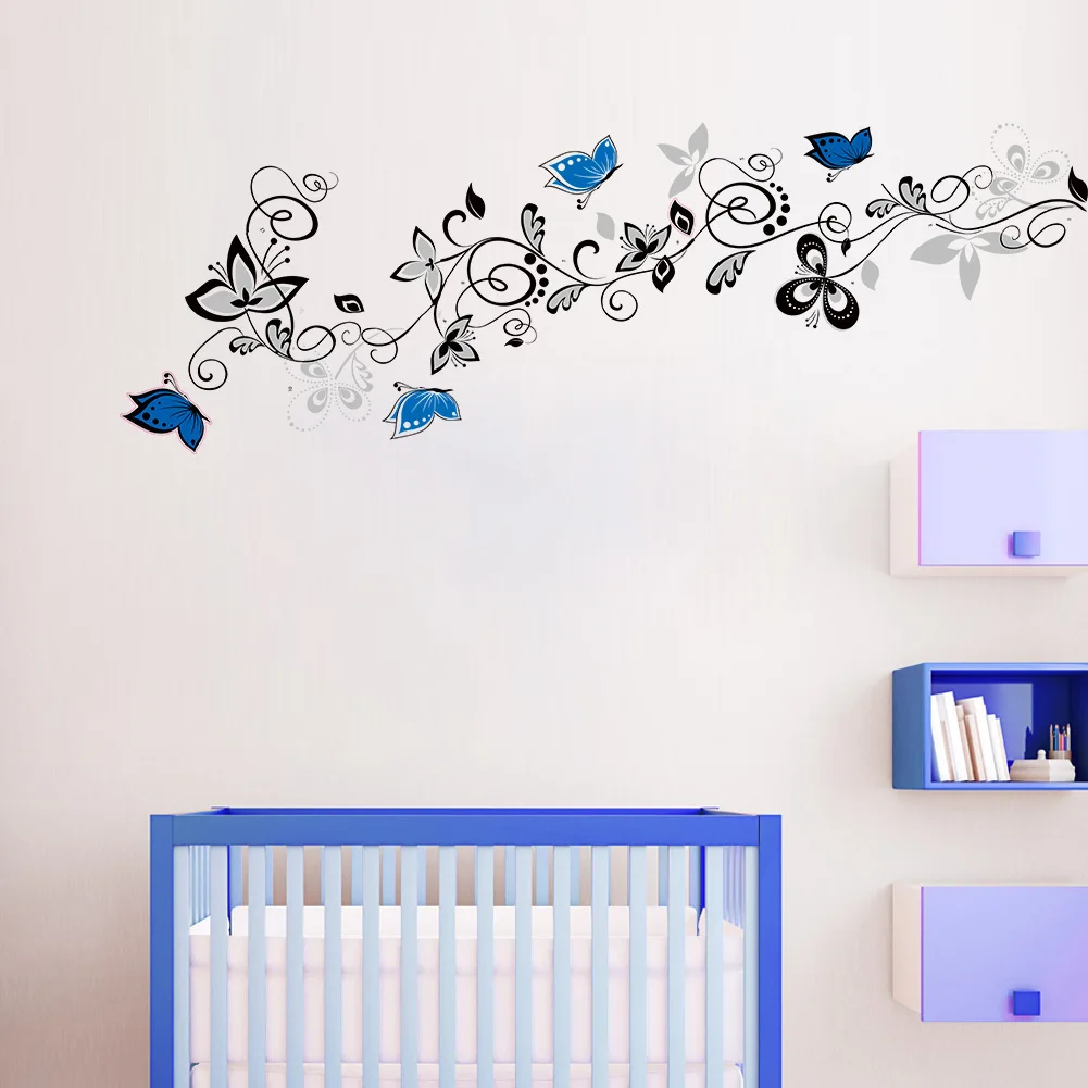

New beautiful black Flower butterfly Sticker Wall Decals For Kid Room Bedroom Living Room Decorative Stickers PVC Wall Stickers