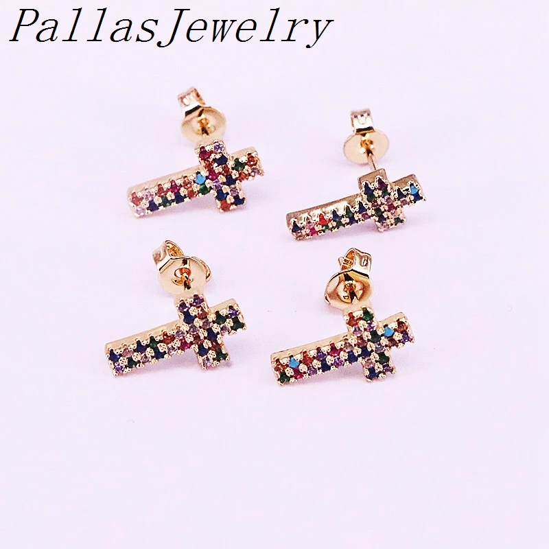 10 пар новое поступление модные радужные cz микро проложить Пуссеты крестики с золотым наполнением для девочек женские шпильки