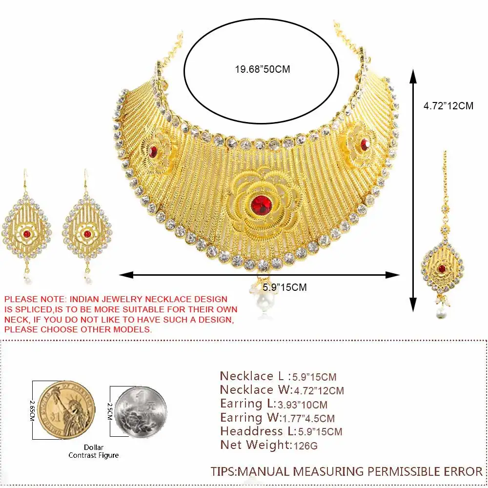 JUST FEEL, Кристальный золотой цвет, большой ювелирный набор, головной убор, ожерелье, серьги, индийский цветок, имитация жемчуга, набор, свадебный для женщин