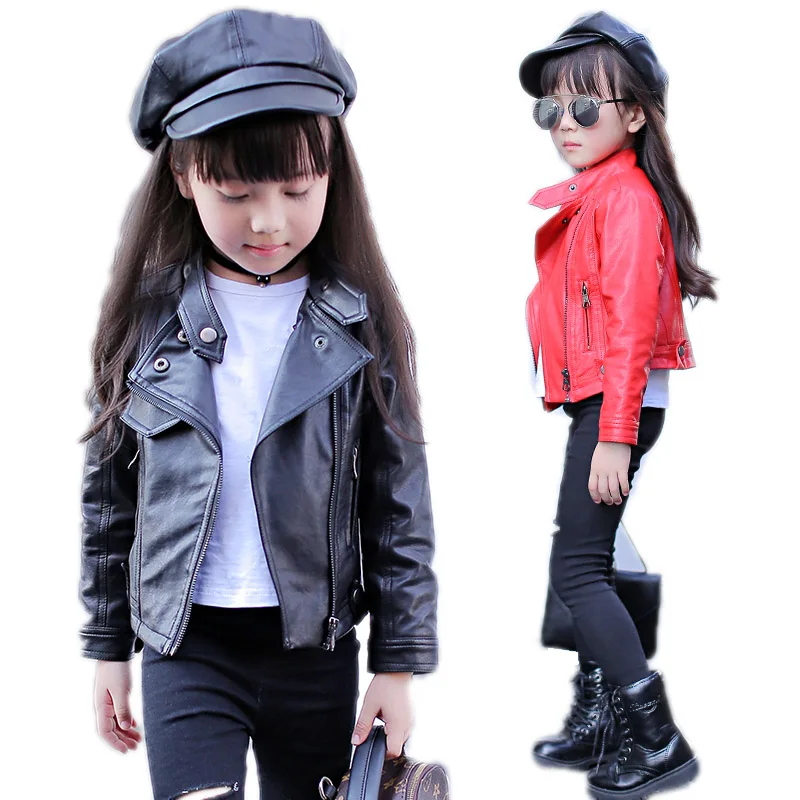 

Girl Motorcycle Jackets 2018 New Autumn Girls PU Jacket Kids Turn Down Collar Leather Jackets Solid Children Jacket Winter 2-11T