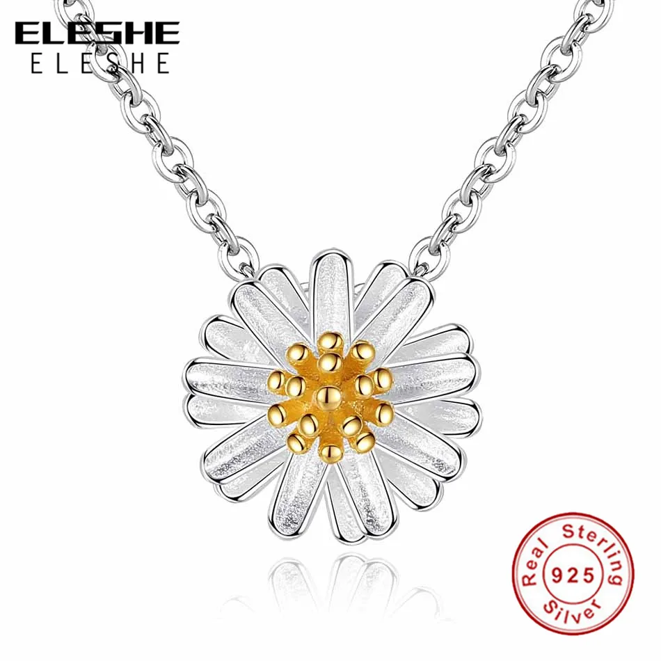 ELESHE 2019 Spring New Yellow Gold Daisy Flower 925 Sterling Silver Necklaces & Pendants for Women Fashion Jewelry Wedding Gift