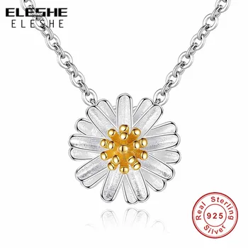 

ELESHE 2019 Spring New Yellow Gold Daisy Flower 925 Sterling Silver Necklaces & Pendants for Women Fashion Jewelry Wedding Gift