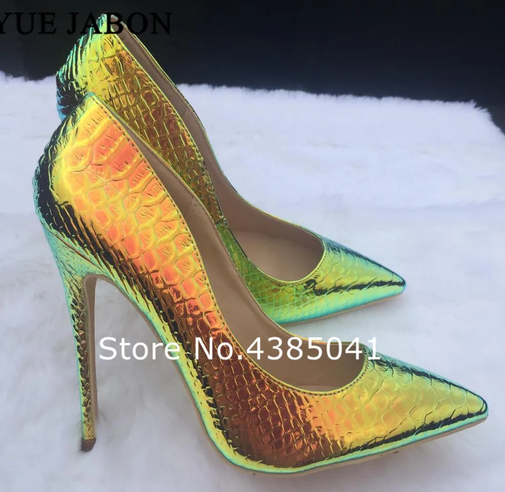 

YUE JABON Colorful 12cm/10cm/8cm Gold Snake pointed toe prom party sexy shoes woman big size women high heel wedding shoes pumps